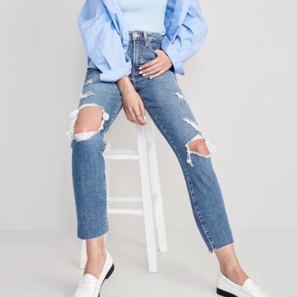 Old Navy OG Straight Jeans High Rise Ripped Distressed Raw Hem Blue Denim size 6 - Picture 1 of 10